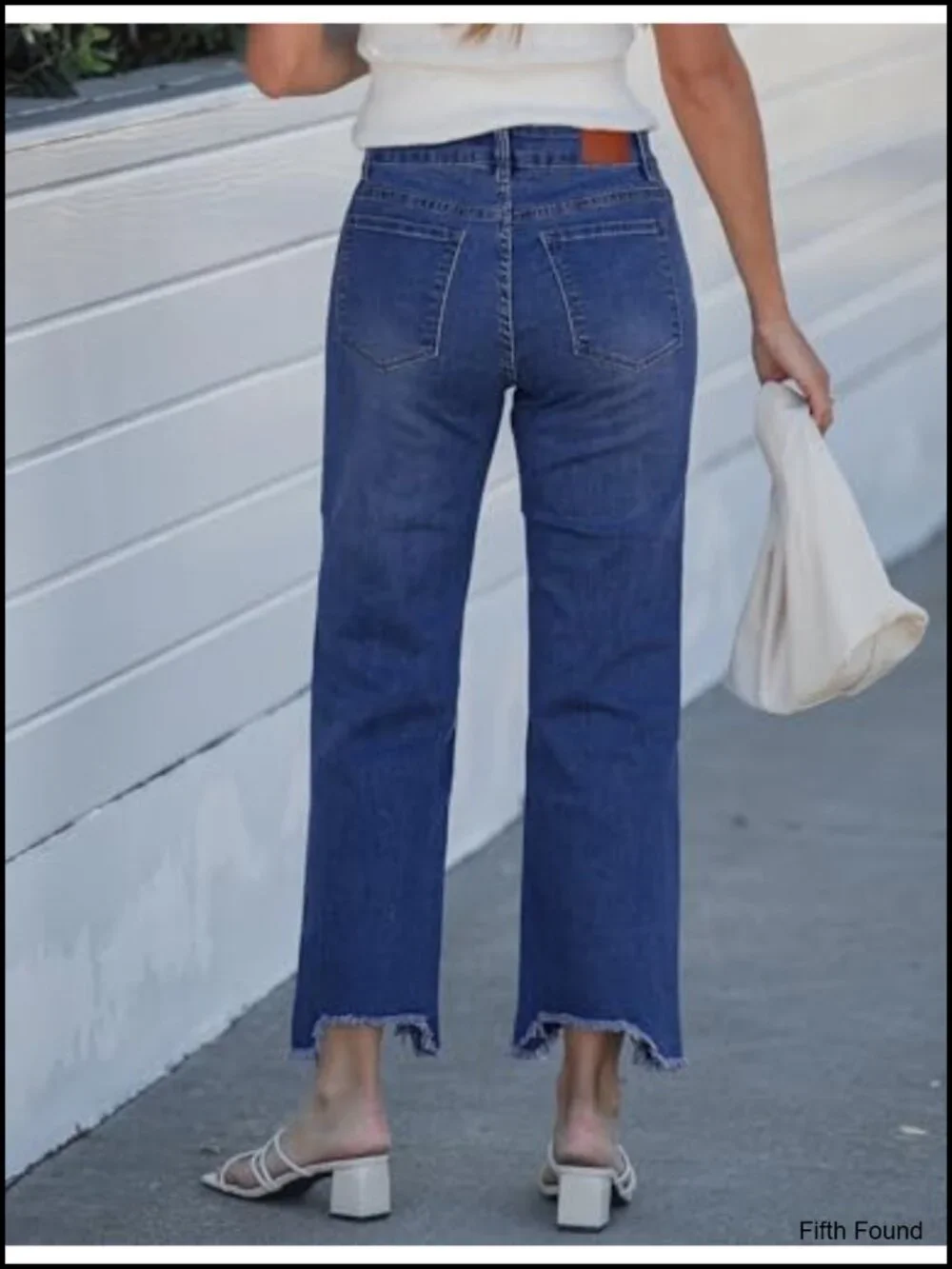 Straight Leg Cropped Jeans Mid Rise Baggy Distressed Raw Hem Stretchy Denim